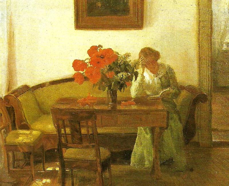 Anna Ancher valmuer pa et bord foran en lasende dame France oil painting art